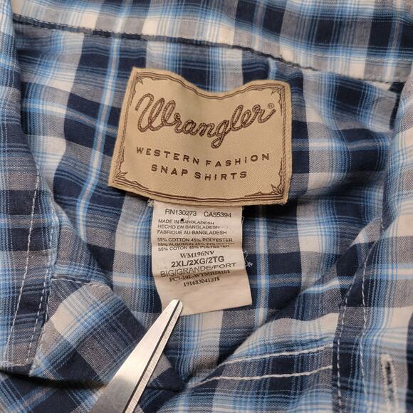 Wrangler Pearl Snap Western Blue White Plaid Short Sleeve Men's Shirt 2XL - Picture 3 of 5